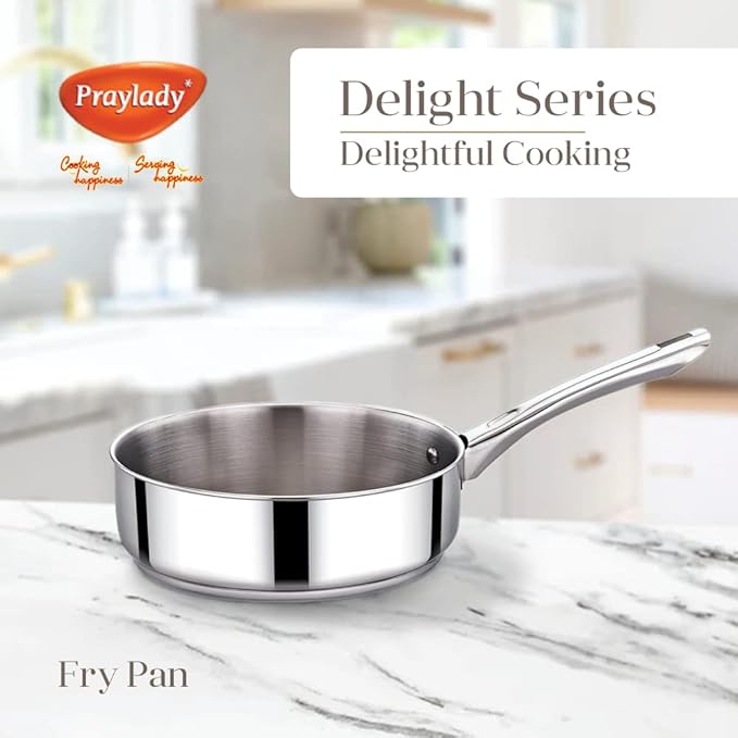 Praylady Stainless Steel Pan with Riveted Handle Delight Series 3 Ply Base Frypan Size 22 cm Silver
