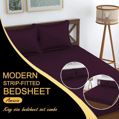 Fresh From Loom 240 TC Satin Striped Elastic Fitted Bed Sheets King Size Bed with Two Pillow Cover Wine