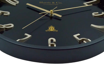 Harris & Co. Clockmasters Silent Sweep Noiseless Technology Analog Wall Clock With Metal Golden 3d Numbers Black
