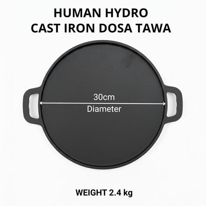Human Hydro Pre-Seasoned Cast Iron Double Handle Dosa Tawa 30cm with Wooden Spatula Induction Gas