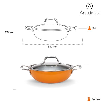 Arttdinox Vida Triply Stainless Steel Kadai | Non Stick Kadhai | Kadai With Lid for Cooking | Induction Kadai | 24cm | 2.7 Ltr