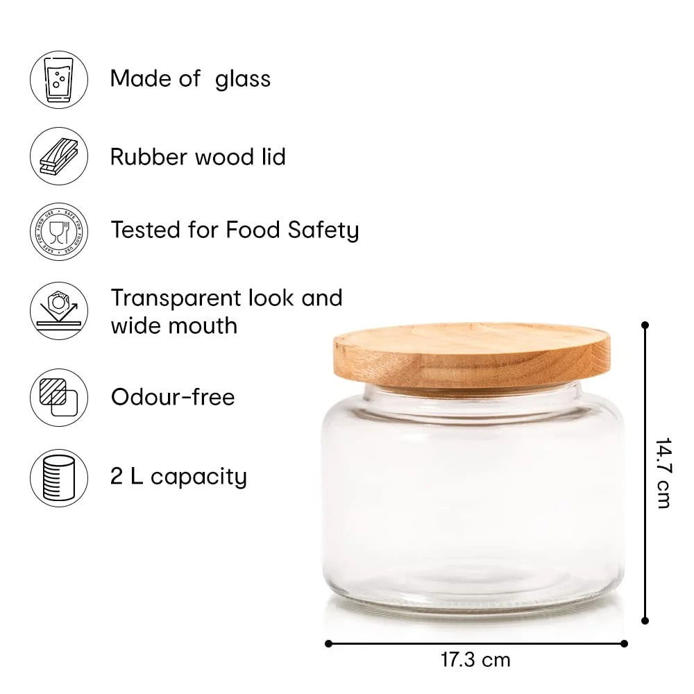 Anko 2L Borosilicate Glass Jar for Kitchen | Airtight | Rubberwood Lid | Set of 1