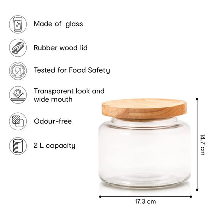 Anko 2L Borosilicate Glass Jar for Kitchen | Airtight | Rubberwood Lid | Set of 1