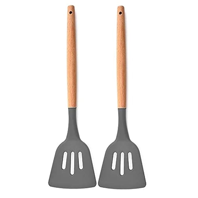 P-Plus International Silicone Slotted Spatula High Heat Resistant to 480°F Food Wooden Handle Grey