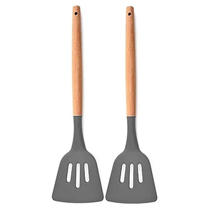 P-Plus International Silicone Slotted Spatula High Heat Resistant to 480°F Food Wooden Handle Grey