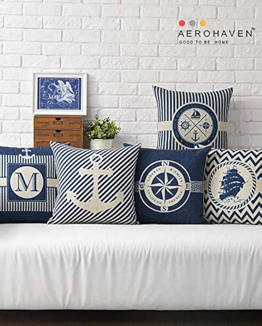 Aerohaven Set of 5 Cotton Abstract Designer Decorative Throw Pillow/Cushion Covers Colour Blue