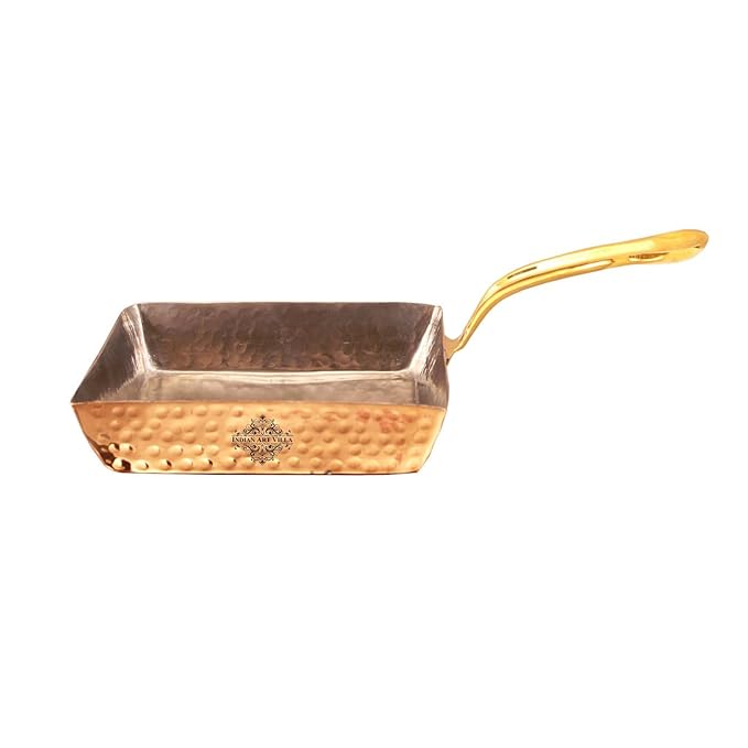 Indian Art Villa Copper Serving Square Pan with Inside Tin Lining & Brass Handle Diameter | 5.6 Inches