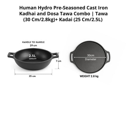 Human Hydro Pre-Seasoned Cast Iron Cookware Combo — Tawa 30cm + Kadai 25cm Naturally Nonstick Induction Gas