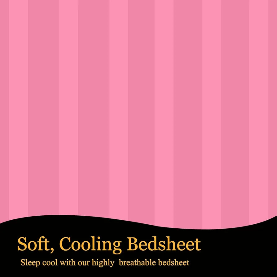 Fresh From Loom 240 TC Satin Striped Elastic Fitted Bed Sheets Bed Covers King Size Bed with Two Pillow Cover Pink