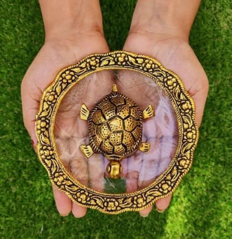 Chhariya Crafts Metal Feng Shui Tortoise on Plate Showpiece for Good Luck