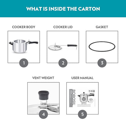 Borosil Presto Induction Base Inner Lid Aluminium Pressure Cooker | Silver| 5 Litres