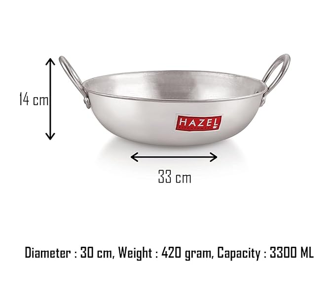Hazel Aluminium Kadai Premium Round Bottom 18 Gauge Kadhai Vessel 30 cm 3300 Ml