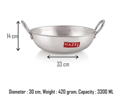 Hazel Aluminium Kadai Premium Round Bottom 18 Gauge Kadhai Vessel 30 cm 3300 Ml