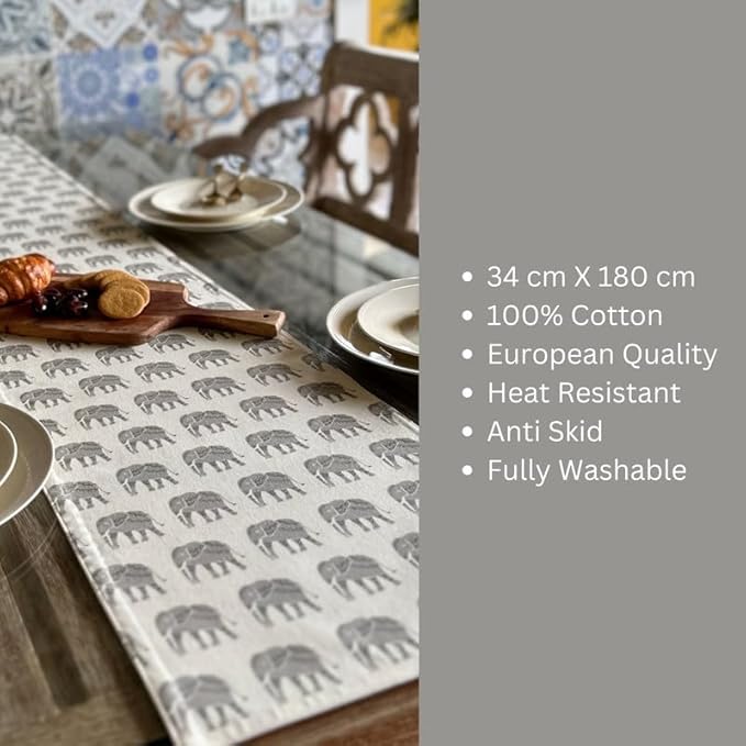 Oak & Lily Premium European Quality Cotton Table Runner Ideal for 4 Seater & 6 Seater Grey Elephant Print