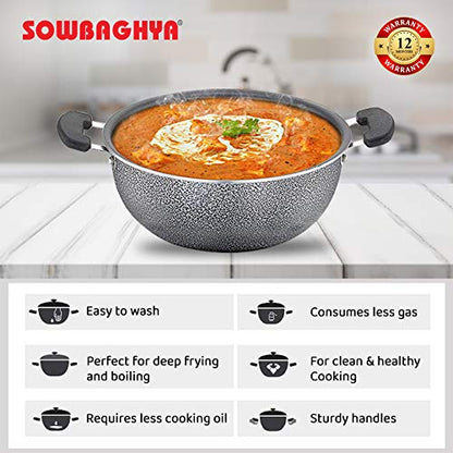 Sowbaghya Aluminium Non Stick Deep Kadai with Stainless Steel Lid (2 LTR, Grey)