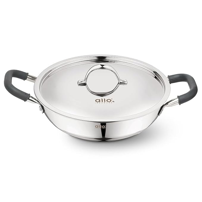 Allo Triply Stainless Steel Kadhai with Handles Perfect Kadhai for Curry 22cm 2 litres Non-Stick with Lid