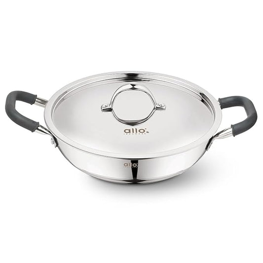 Allo Triply Stainless Steel Kadhai with Handles Perfect Kadhai for Curry 22cm 2 litres Non-Stick with Lid