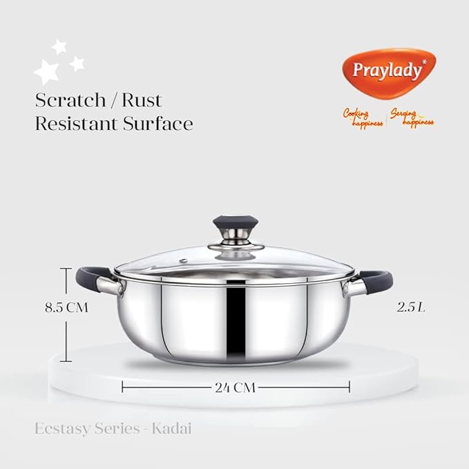 Praylady Stainless Steel 3 Ply Base Kadai with Glass Lid Ecstasy Series Dia 24cm 3.0L