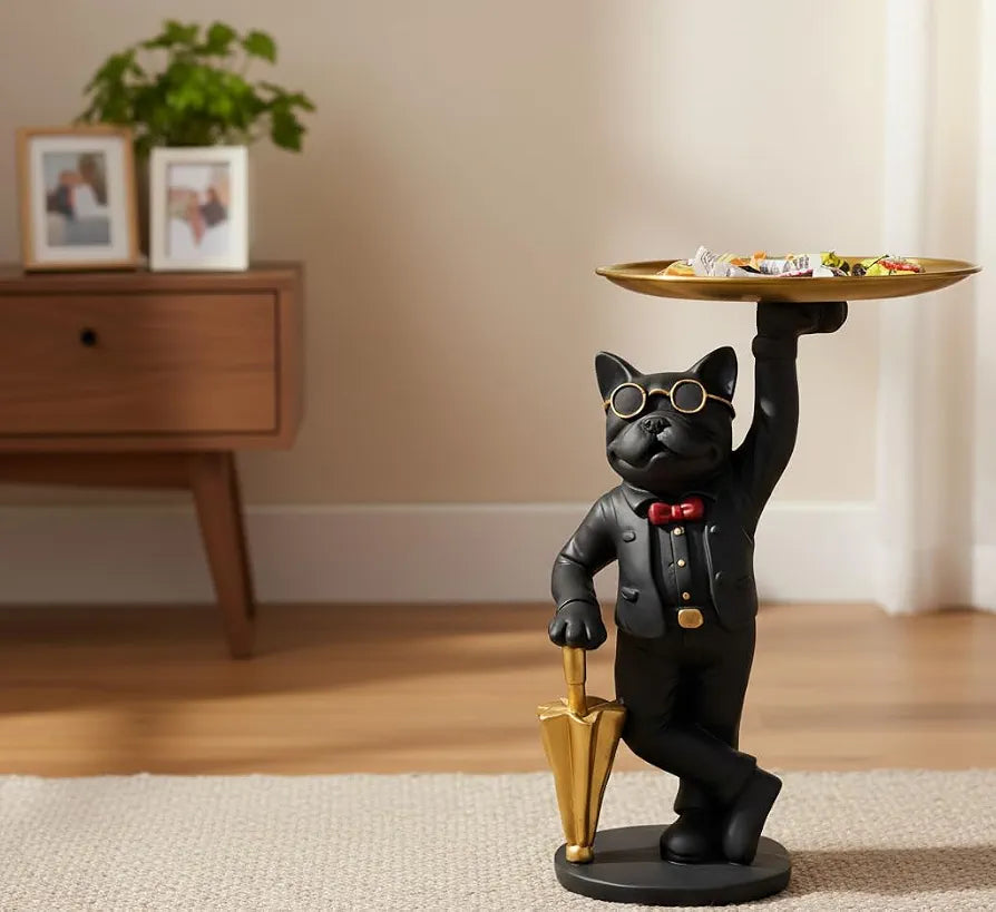 Premium French Bulldog Butler Statue with Golden Serving Tray & Umbrella, Resin Dog Figurine for Home Decor, Entryway Key Holder & Living Room Centerpiece 