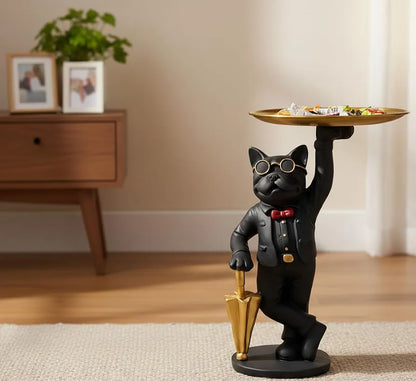 Premium French Bulldog Butler Statue with Golden Serving Tray & Umbrella, Resin Dog Figurine for Home Decor, Entryway Key Holder & Living Room Centerpiece 