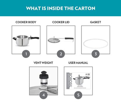 Borosil Presto Induction Base Stainless Steel Inner Lid Pressure Cooker | 5 Litres