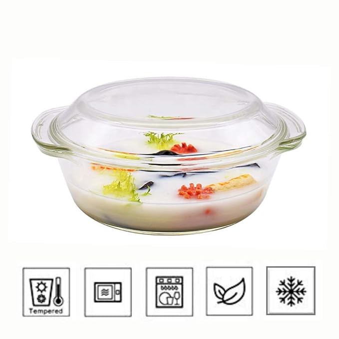 Femora Borosilicate Serving Bowl | Glass Casserole Set, Glass Bowl With Lid, Freezer Safe, Microwave Safe Bowl Set | 1000 Ml