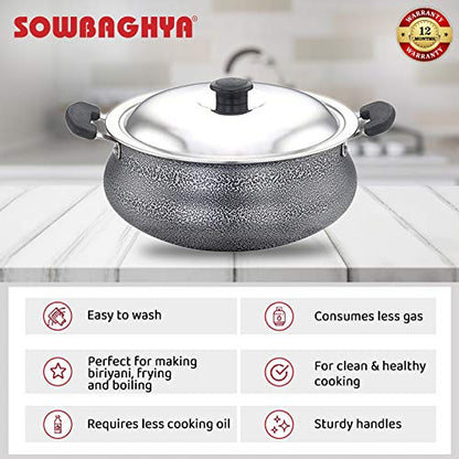 Sowbaghya Aluminium Biriyani Pot With Lid 2 L (Black) Handi Patila Bhagona Tapeli with Lid