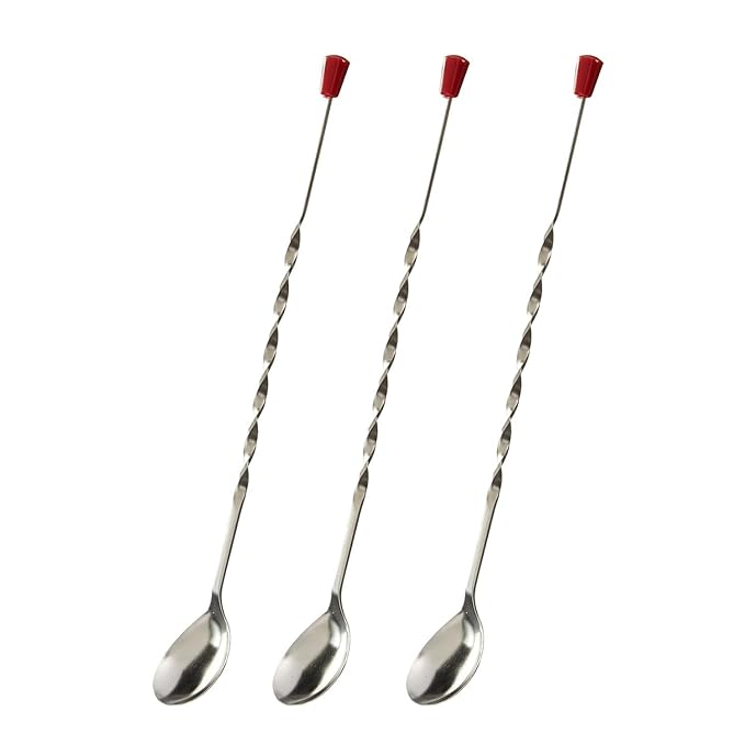 Hazel Stainless Steel Bar Spoon Teardrop Twisted Design Bar Stirrer with Red Knob Set of 3