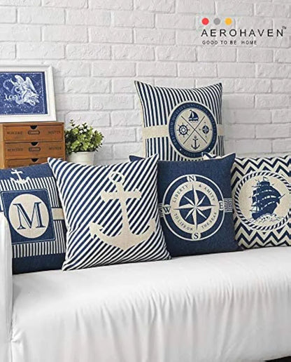 Aerohaven Set of 5 Cotton Abstract Designer Decorative Throw Pillow/Cushion Covers Colour Blue