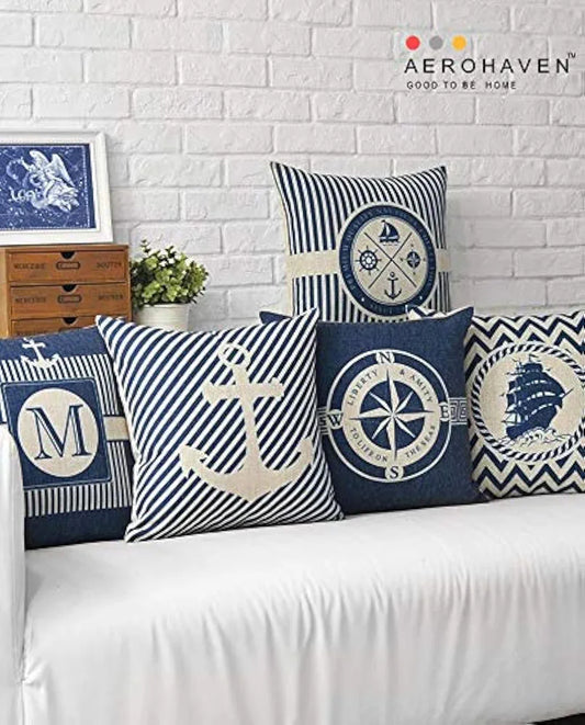 Aerohaven Set of 5 Cotton Abstract Designer Decorative Throw Pillow/Cushion Covers Colour Blue