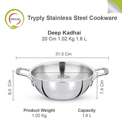 Amicus Triply Stainless Steel Deep Kadai Kadhai for Cooking Stirfry Deepfry Induction Friendly Pan 20 Cm 1.6 Litre