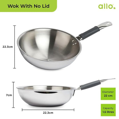 Allo Triply Stainless Steel Wok for Deep Fry Stir Fry Dry Veg 20Cm 1.5 Litre