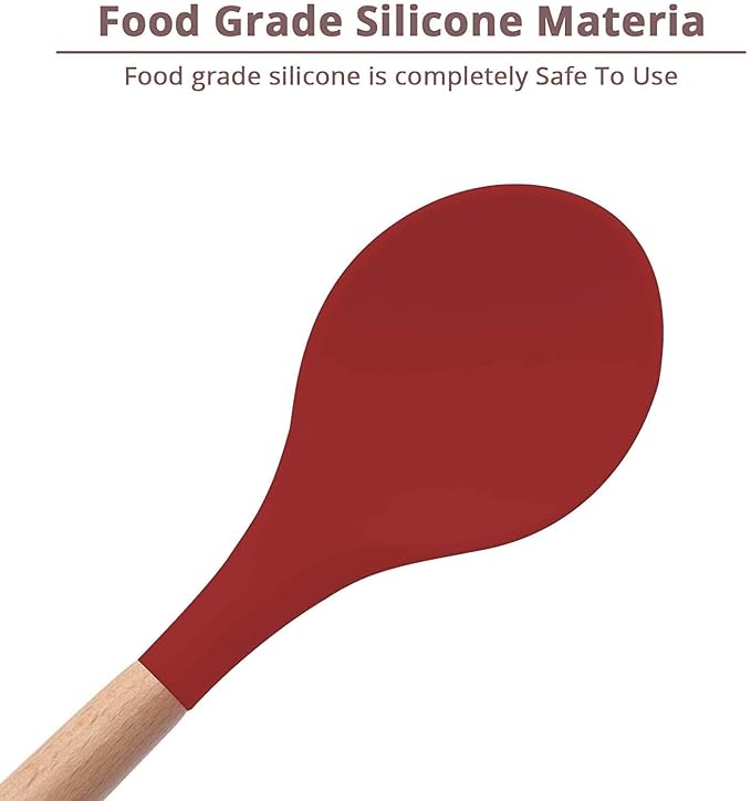 Woodtula Silicone Cooking Utensils Kitchen Utensil Set Heat Resistant Wooden Handles Red