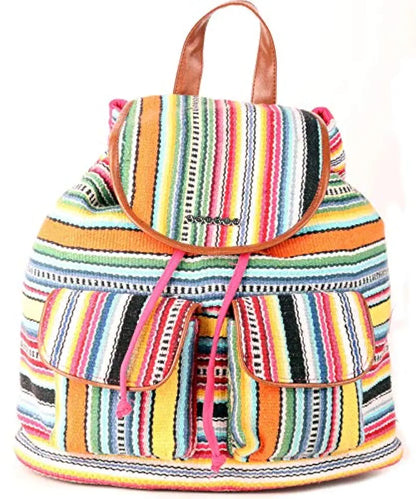 Astrid Multicolor Cotton Girls Backpack With External Pockets In Front Colour Stylish Multicolor Greenish Stripes
