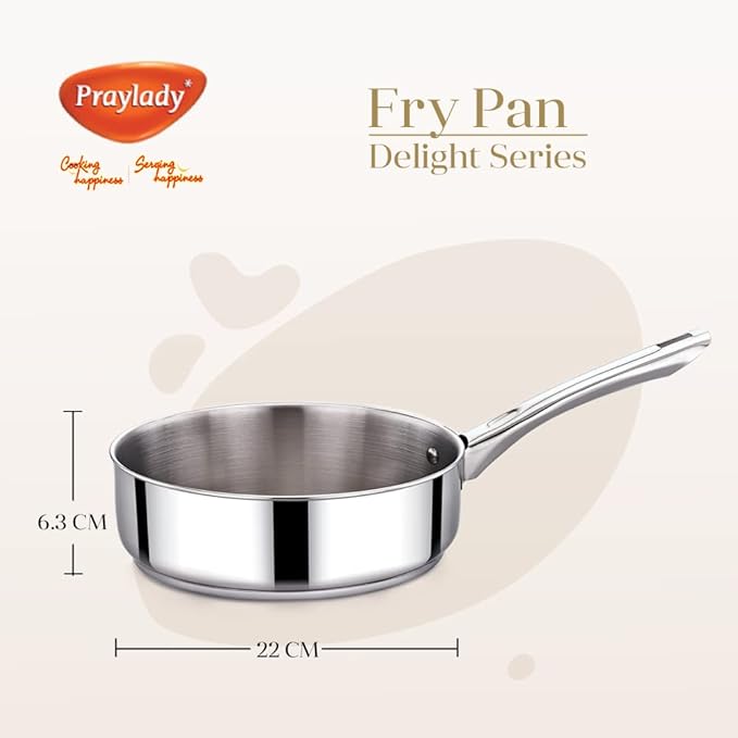 Praylady Stainless Steel Pan with Riveted Handle Delight Series 3 Ply Base Frypan Size 22 cm Silver