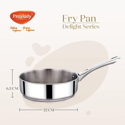 Praylady Stainless Steel Pan with Riveted Handle Delight Series 3 Ply Base Frypan Size 22 cm Silver