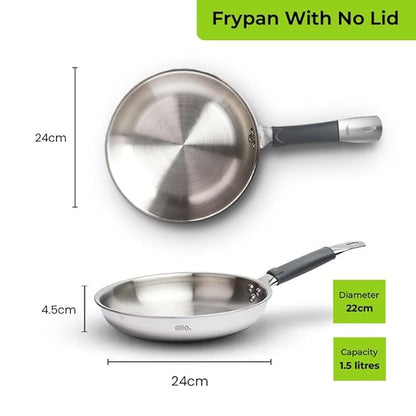 Allo Stainless Steel Triply Fry Pan Skillet for Curry Stir Fry Deep 22cm 1.5 litres