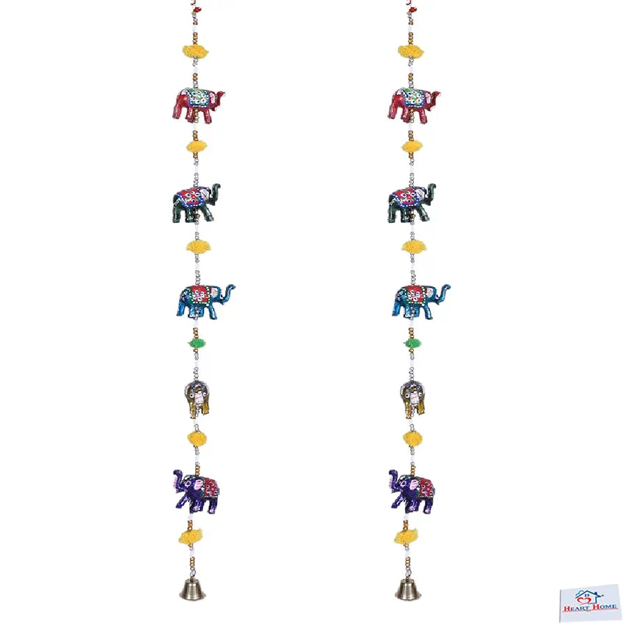 Heart Home Handcrafted Elephant Door Latkan with Bells Rajasthani Traditional Hanging Windchimes Pair