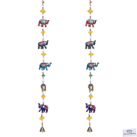 Heart Home Handcrafted Elephant Door Latkan with Bells Rajasthani Traditional Hanging Windchimes Pair
