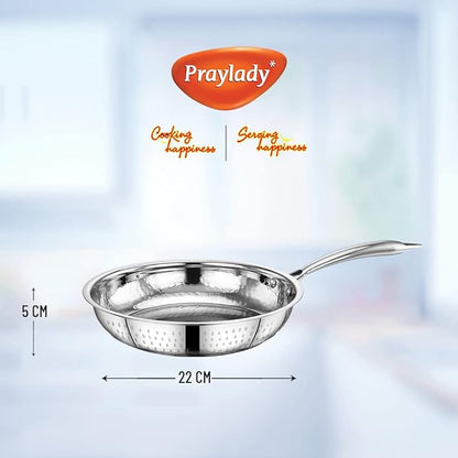 Praylady Stainless Steel Kadai with Lid Inox 3+ Series Dia 22cm 2.0L