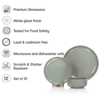 Anko Stoneware 12 Piece Dinner Set Sage Green Glazed 4 Dinner Plates 4 Side Plates 4 Bowls Microwave Dishwasher Safe