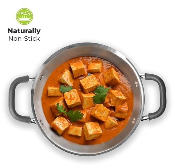 Allo Triply Stainless Steel Kadhai with Handles Perfect Kadhai for Curry 30cm Non-Stick with Lid 5.5 litres