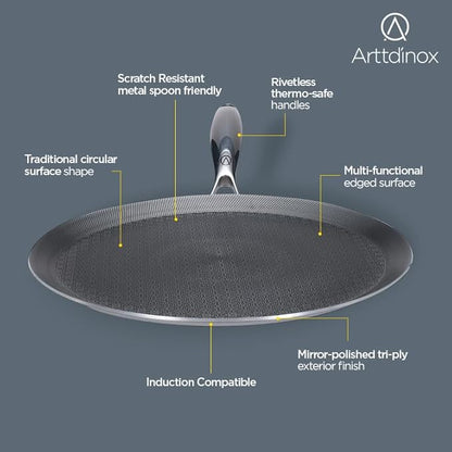 Arttdinox Stellar Stainless Steel Triply Non Stick Tawa | 28 Cm | Rivetless Double Wired Handle | Gas & Induction Base