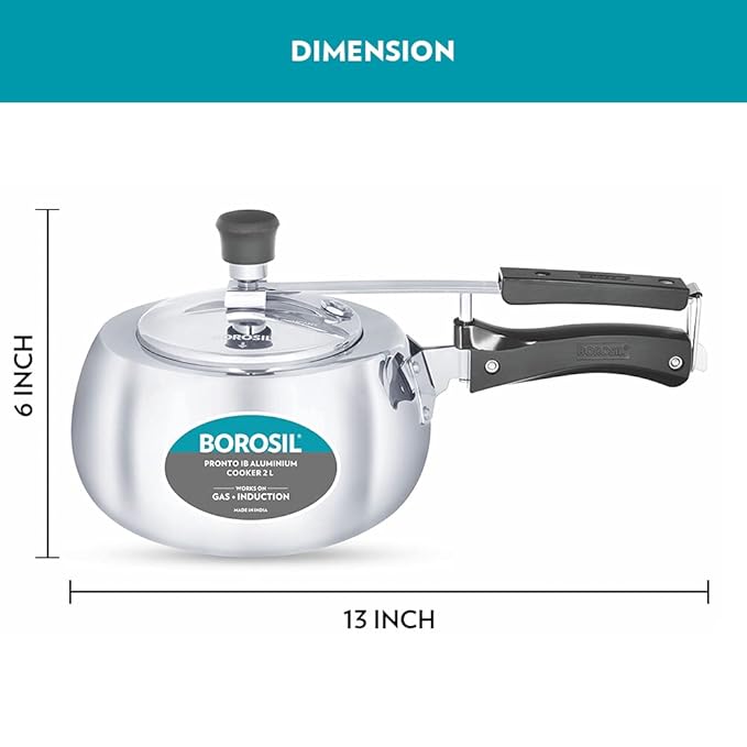Borosil Pronto Induction Base Inner Lid Aluminium Pressure Cooker | 3.6 Mm Thick Base | 2 Litres | Silver