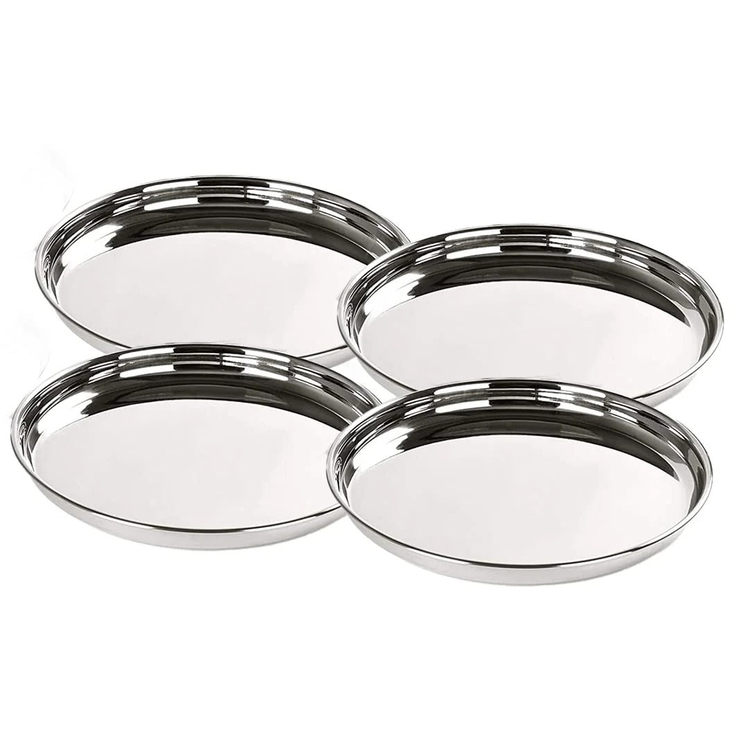 Kuber Industries Stainless Steel Dining Plate Set of 4 Blunt Edges Deep Base Glossy Finish