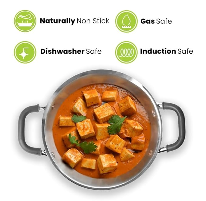 Allo Triply Stainless Steel Kadhai with Handles Perfect Kadhai for Curry 26cm 3 litres Non-Stick with Lid