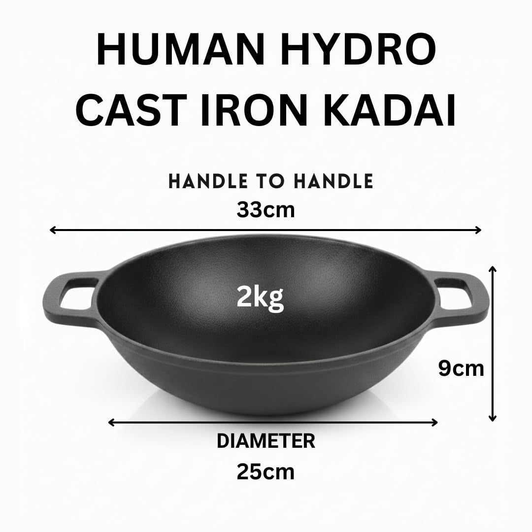 Human Hydro Premium Pre-Seasoned Cast Iron Kadai 25cm 3L Naturally Nonstick Non-Toxic Flat Bottom Induction Gas