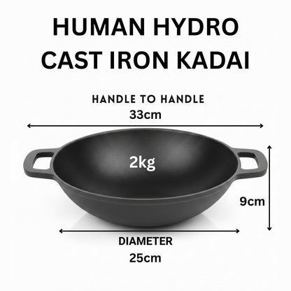 Human Hydro Premium Pre-Seasoned Cast Iron Kadai 25cm 3L Naturally Nonstick Non-Toxic Flat Bottom Induction Gas