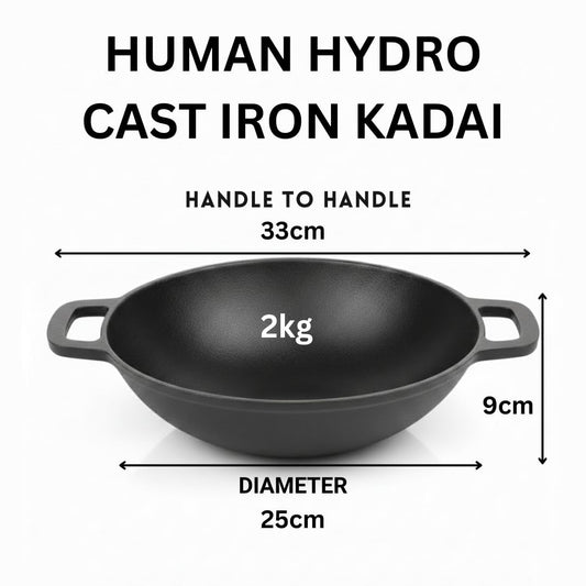 Human Hydro Premium Pre-Seasoned Cast Iron Kadai 25cm 3L Naturally Nonstick Non-Toxic Flat Bottom Induction Gas
