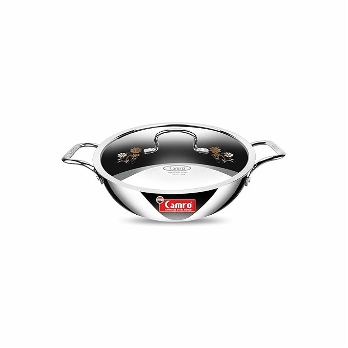 Camro Triply Artisian Kadhai With Lid 22 Cm 2 Liters kadhai Steel Stainless Kadhai For Deep Frying